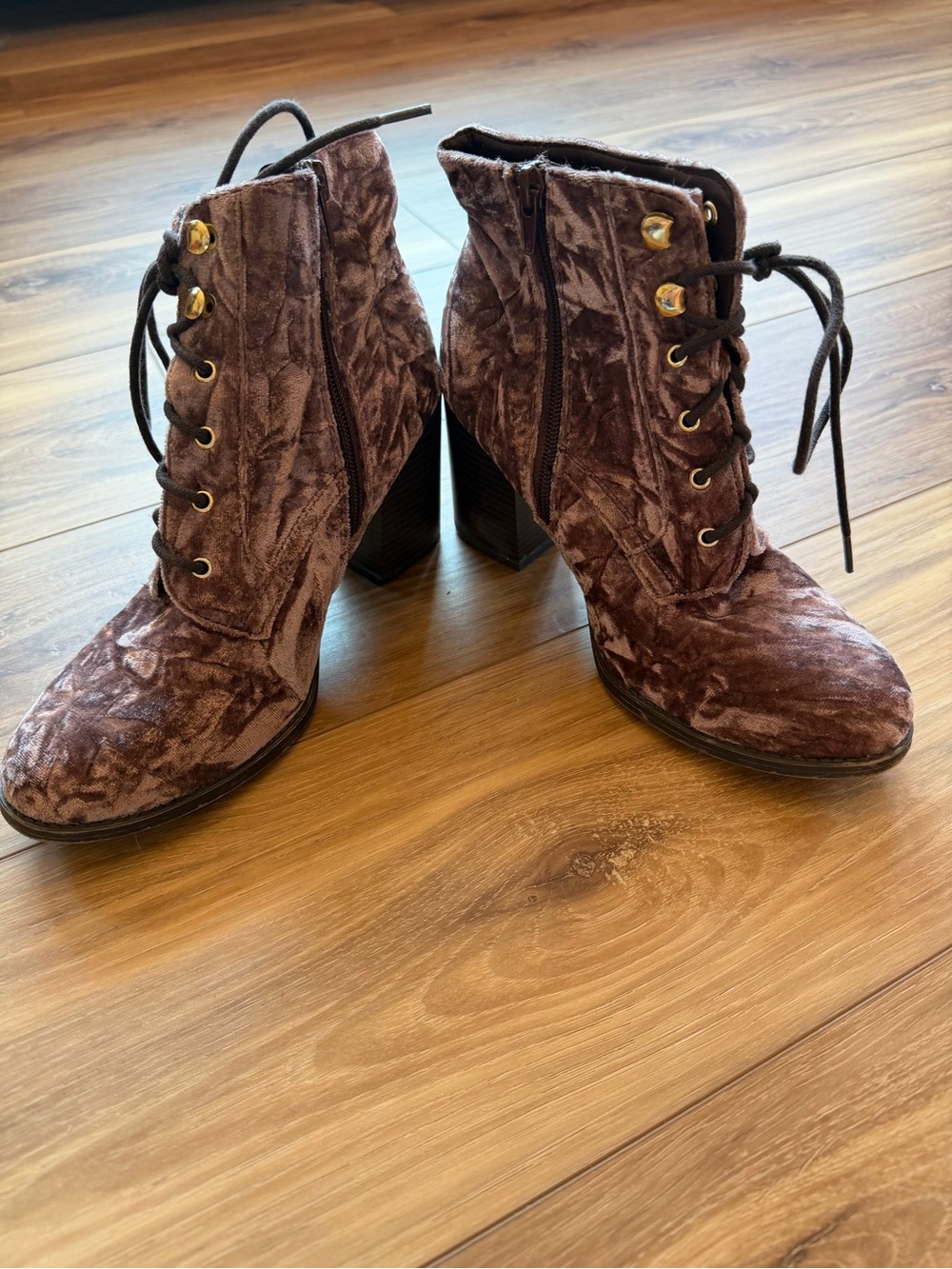 Crushed Velvet Lace-Up Ankle Boots in dusty rose color